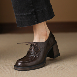 粗高跟职业小皮鞋 新款 女春季 黑夫人手工高端里外真皮系带深口单鞋
