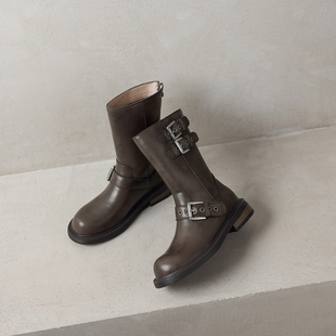 黑夫人手工真皮复古机车中筒女皮带扣粗中跟软底后拉链秋冬骑士靴