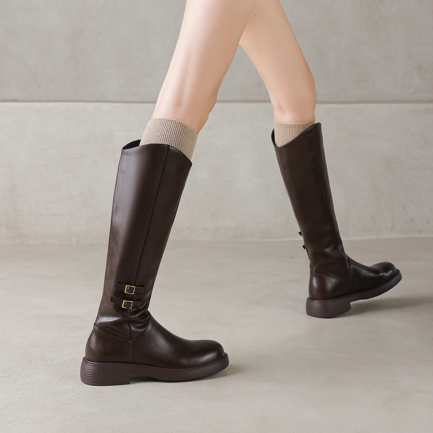 手工真皮皮带扣高筒骑士靴女厚底