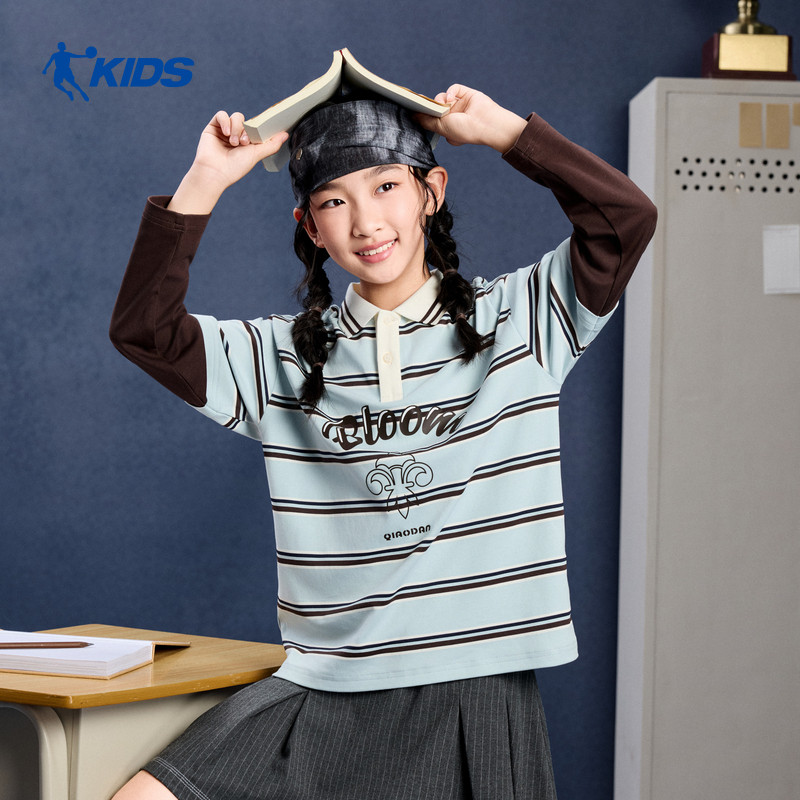 乔丹女童假两件长袖t恤2026新款中大童polo领条纹衫TDATLB264043