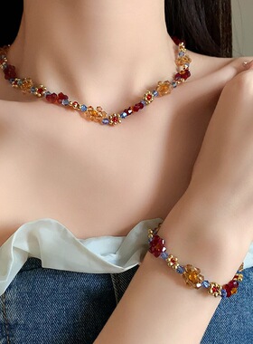 彩色多巴胺串珠编织花朵项链甜美森系小清新锁骨链时尚百搭颈链女