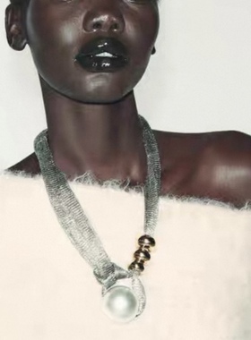 欧美风夸张锁骨颈链大珍珠网纱吊坠不锈钢串珠项链女