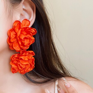 925银针布料花卉耳环 欧美夸张耳饰女波西米亚风海边度假旅游风