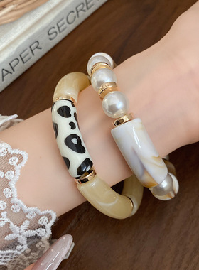 欧美时尚个性亚克力弯管手镯弧形竹管多色复古大理石纹手串手镯