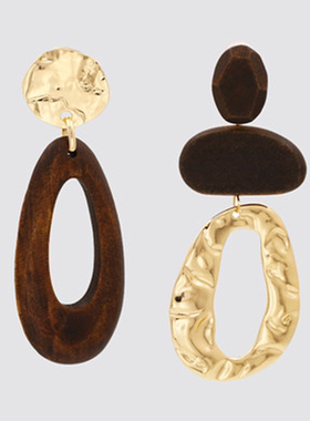 满39包邮同款复古金属水滴形木质耳环女欧美夸张长款耳坠耳夹