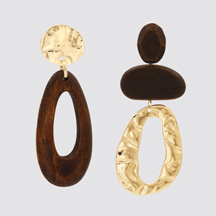 满39包邮同款复古金属水滴形木质耳环女欧美夸张长款耳坠耳夹