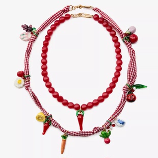 满39包邮zara春季新品女装2条叠戴蔬菜水果挂饰项链