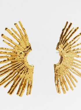 满39包邮za金黄色扇形金属耳钉女欧美夸张个性冷淡风耳饰耳夹