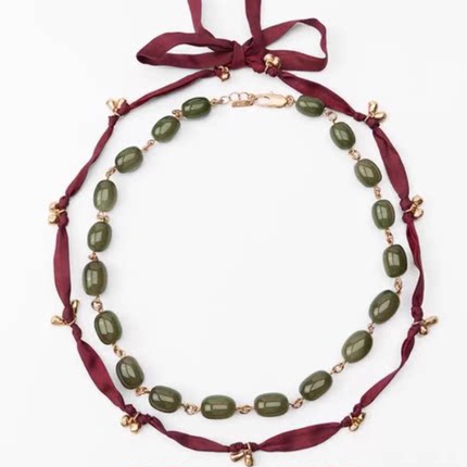 满39包邮zara轻奢风手工串珠树脂蝴蝶结缎带双层叠戴项链颈链女