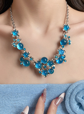 复古奢华蓝色花朵造型水晶项链晚礼服配饰