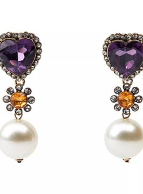 满39包邮za爱心紫色宝石黄水晶镶钻长款珍珠耳坠气质优雅耳饰女