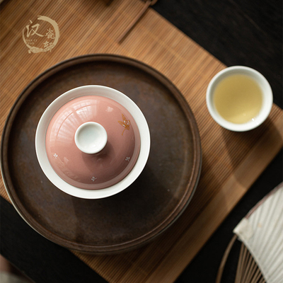 豇豆红陶瓷盖碗  功夫茶具烫金蝴蝶家用茶碗  金银错舞蝶【盖碗】