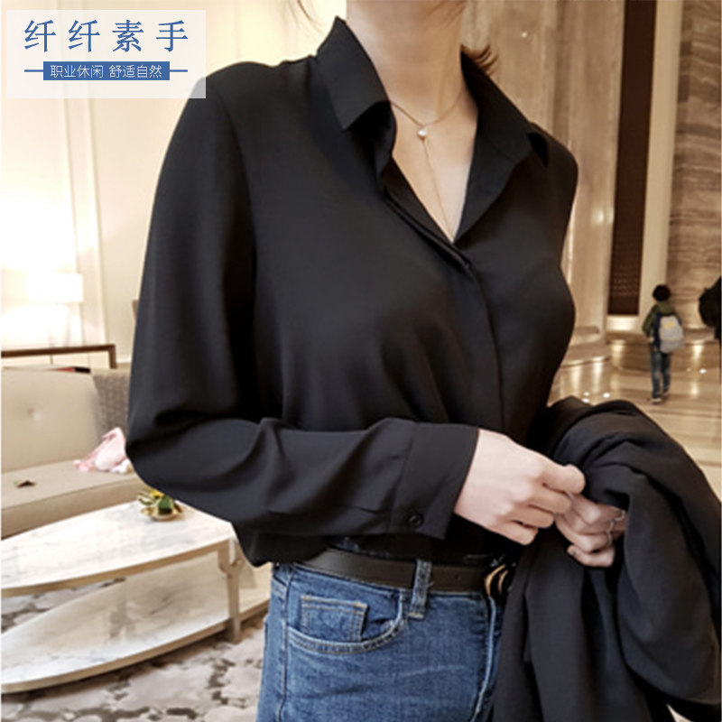 黑色雪纺衬衫长袖v领垂感洋气打底衫上衣显瘦职业气质方领衬衣女