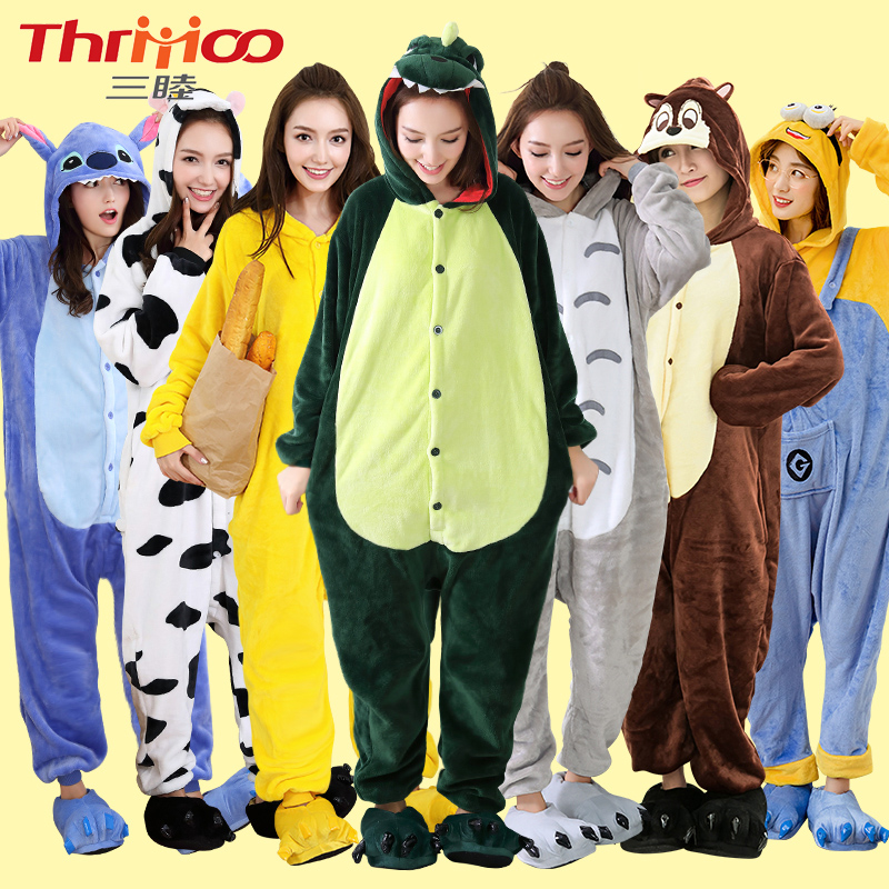 珊瑚绒恐龙动物连体睡衣女秋冬季可爱卡通动漫加厚情侣男法兰绒