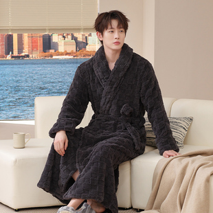 睡衣男士睡袍长款秋冬季珊瑚绒加厚加绒法兰绒浴袍男款加长款浴衣