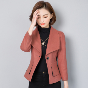 纤雯秋冬羊毛呢小外套女长袖韩版修身一粒扣大翻领短款上衣大码
