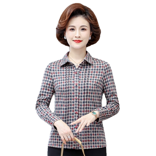 中老年女装衬衫2026春秋新款小个子妈妈花色修身长袖开衫婆婆上衣