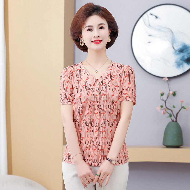 妈妈款冰丝上衣2026夏新中老年女装小个子婆婆花色套头短袖T恤衫