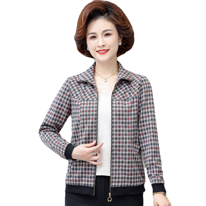 小个子妈妈款夹克衫2026春秋新款中老年女装花色拉链上衣婆婆外套