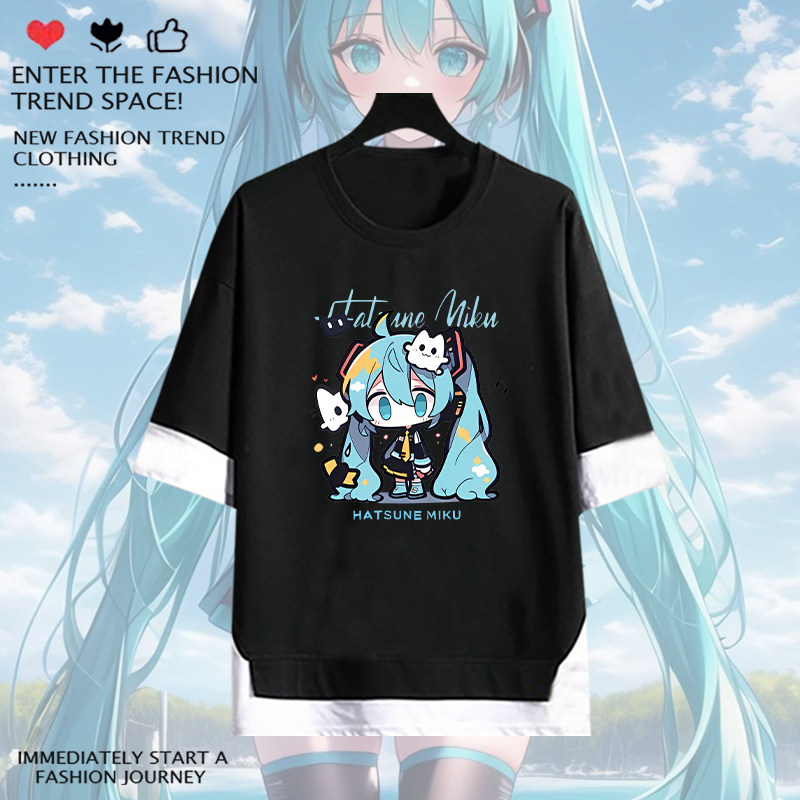 初音联名周边未来MIKU痛衣二次元假两件T恤衫男女宽松学生五分袖