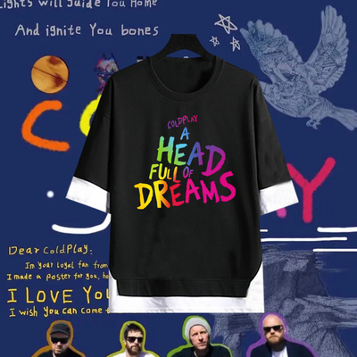 2025年Cold Play酷玩乐队专辑复古印花假两件男女宽松五分袖T恤夏