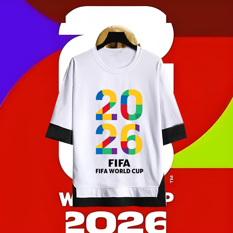2026世界杯纪念印花假两件夏季男女休闲纯棉T恤足球迷运动五分袖