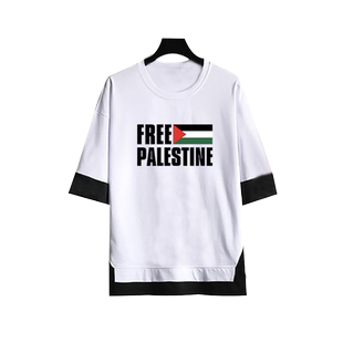 Free Palestine声援巴勒斯坦反战爱与和平宽松纯棉五分袖假两件T