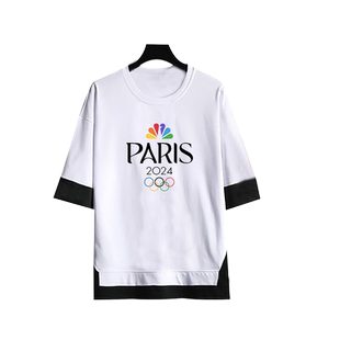 2024巴黎奥运会吉祥物周边同款印花假两件男女宽松纯棉五分袖上衣