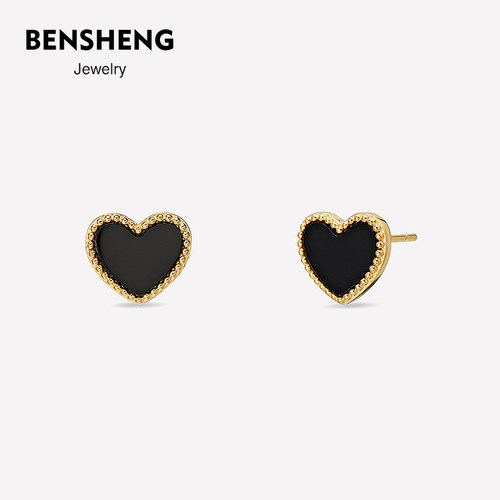 BENSHENG黑玛瑙love耳钉女