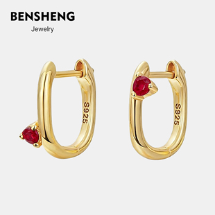 培育红宝石通体925纯银北极星耳扣耳钉女耳环法式气质小众耳饰