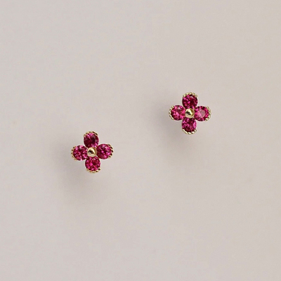通体925纯银玫红四叶草锆石耳钉