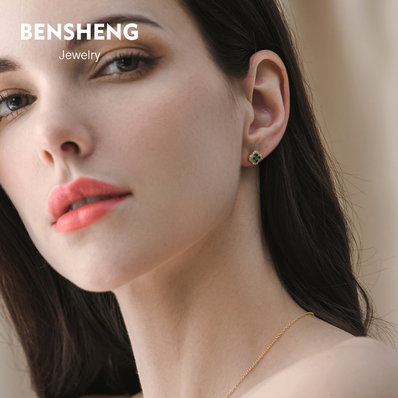 BENSHENG纯银四叶草耳钉法式小众