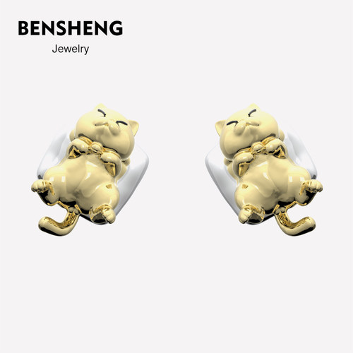 BENSHENG铜镀金躺平猫米耳钉女