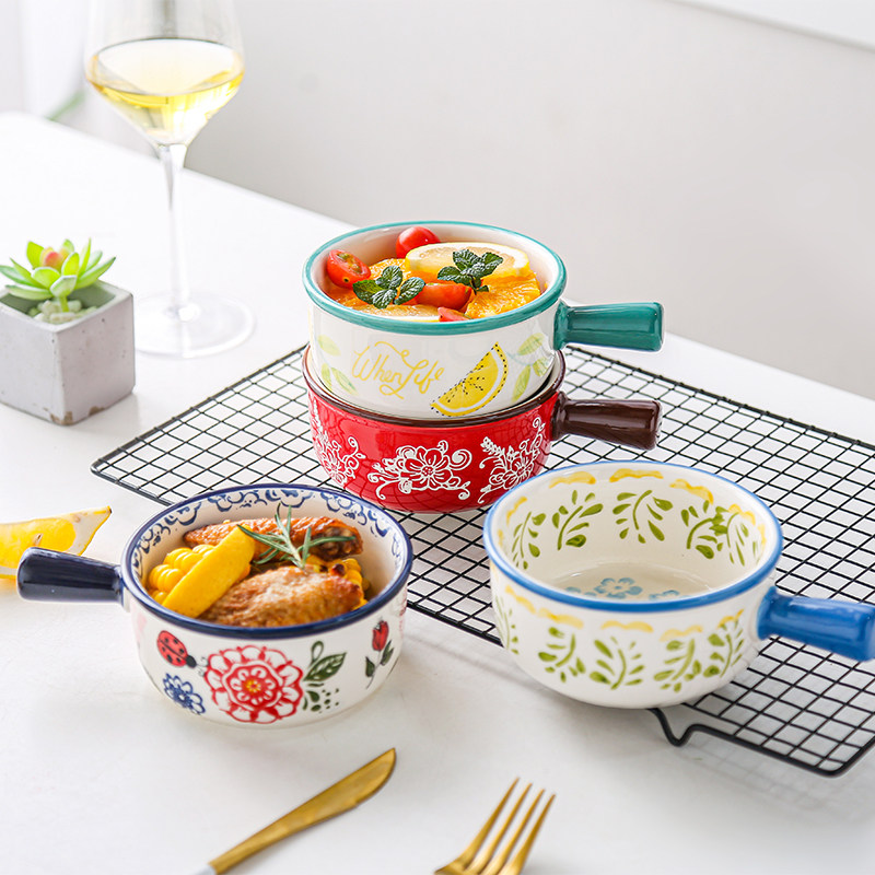 彩绘网红手柄碗儿童家用创意个性陶瓷麦片碗早餐杯碗可爱少女心