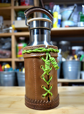 复古RRL风格手工缝制户外登山露营不锈钢保温咖啡水壶牛皮保护套