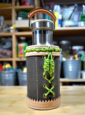 复古RRL风格手工缝制户外登山露营不锈钢保温咖啡水壶牛皮保护套