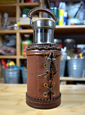 复古RRL风格手工缝制户外登山露营不锈钢保温咖啡水壶牛皮保护套