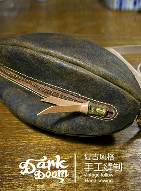 美式复古Tenjin Works风格手工缝制植鞣牛皮橄榄球胸肩背包