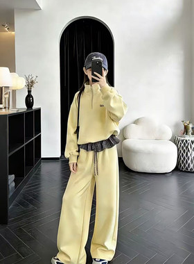 女童春装拼格套装2026春季新款儿童字母绣花翻领上衣宽松休闲裤潮