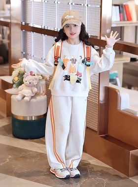 女童春季休闲套装2026春季新款儿童卡通圆领长袖卫衣弹力条纹卫裤