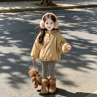 女童套装2026秋冬新款儿童韩版套头加绒棉衣女宝宝条纹保暖打底裤