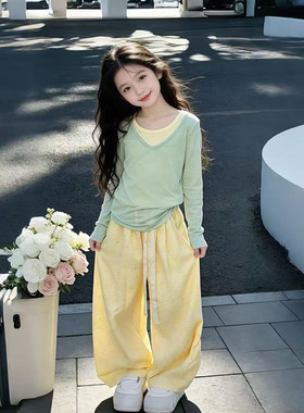 女童春装多巴胺套装2026春季新款儿童纯色休闲上衣斑点收腰阔腿裤