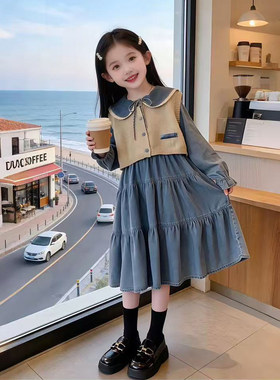女童春装毛衣马甲套装2026春季新款儿童休闲翻领牛仔连衣裙两件套