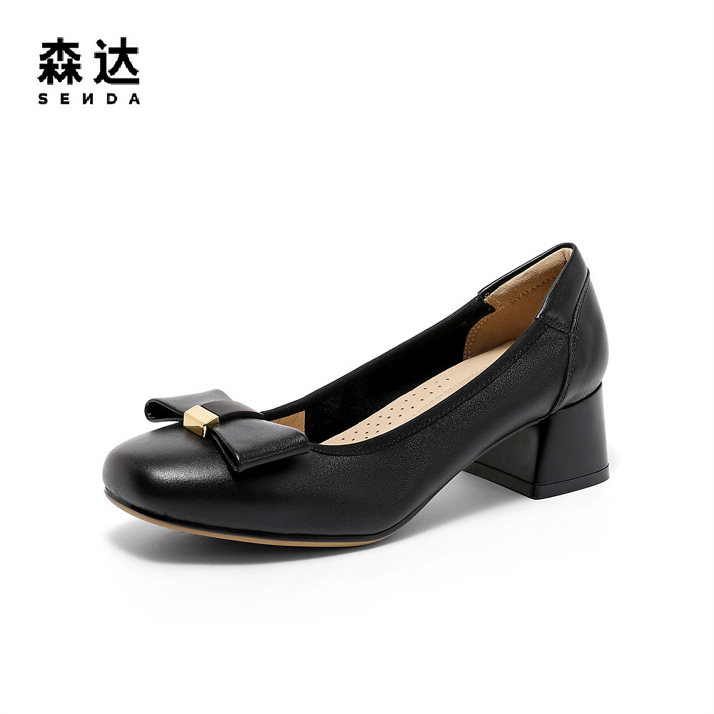 森达气质小皮鞋女春新商场同款通勤蝴蝶结粗跟单鞋sqa01cq3