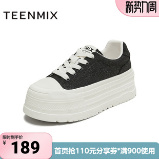 KJ011CM5 外穿女帆布鞋 天美意春新款 休闲系带百搭厚底运动鞋