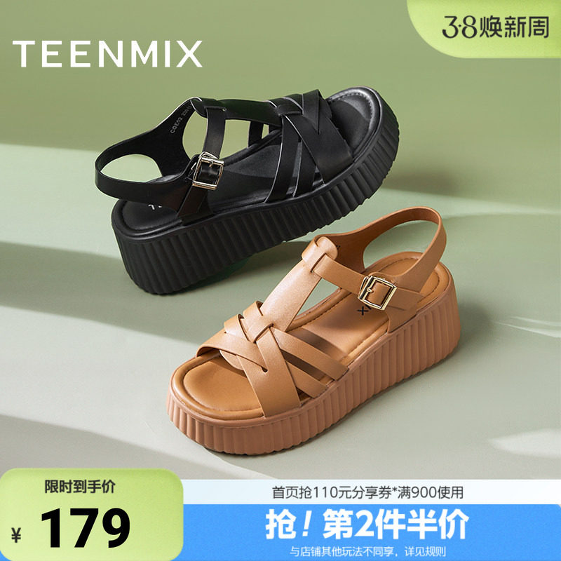 天美意夏季新款商场同款时尚厚底露趾女一字带凉鞋CGE02BL5 - 天美意官方企业店出品