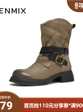 天美意冬新款休闲一脚蹬复古百搭褶皱y2k女西部靴KQZ01DZ4