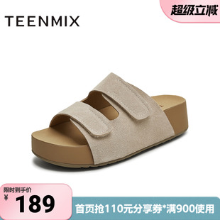 天美意春新款 外穿沙滩鞋 女勃肯拖鞋 KK064CT5 魔术贴厚底拖鞋