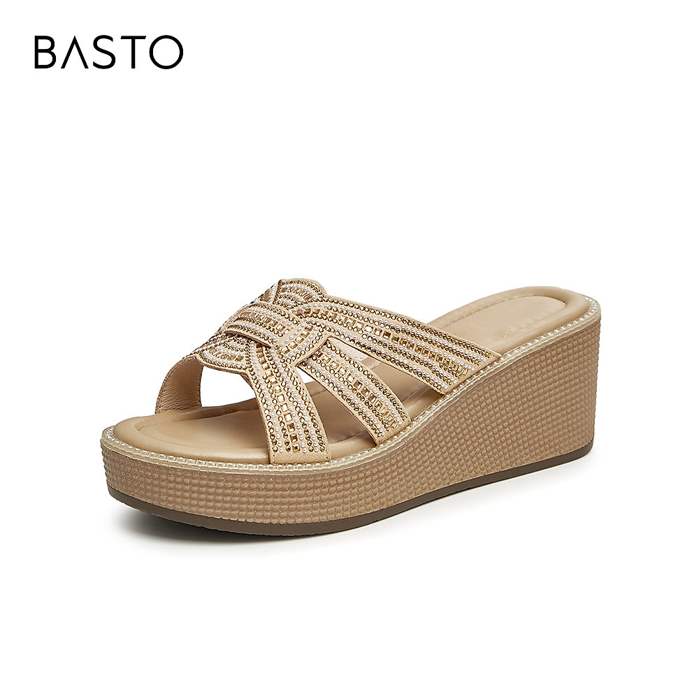 百思图夏季新款商场同款时尚休闲一字拖坡跟女拖鞋vrz02bt3