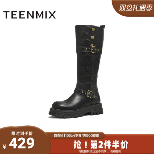 天美意2025冬新款厚底英伦百搭显瘦长靴骑士靴时装女靴KQZ15DG5